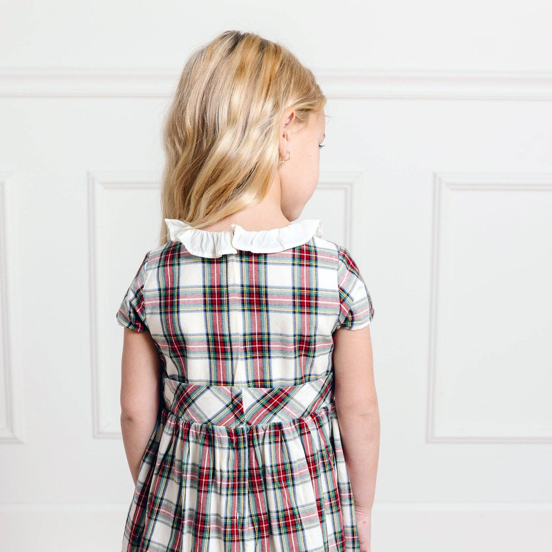 Ruffle Collar Party Dress - Ivory Holiday Tartan