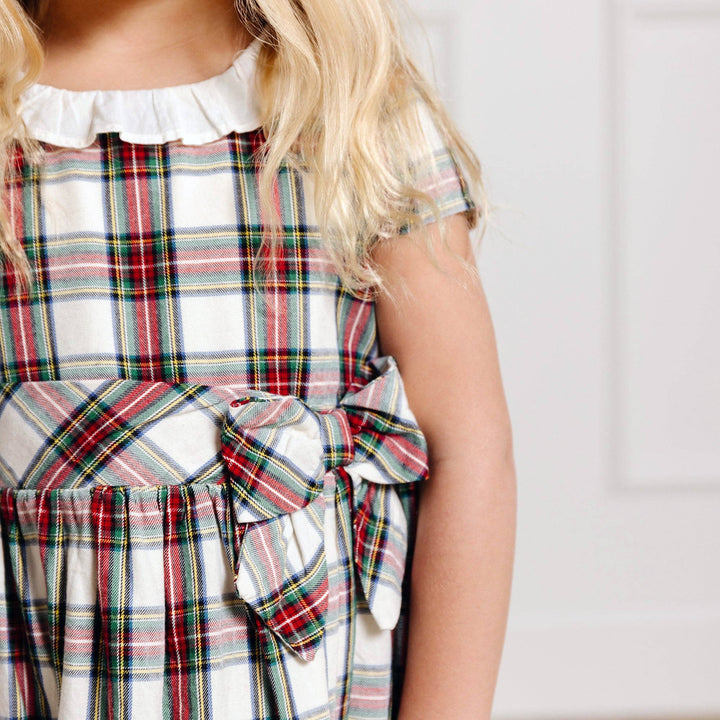 Ruffle Collar Party Dress - Ivory Holiday Tartan