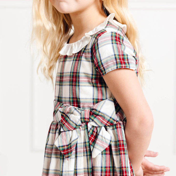 Ruffle Collar Party Dress - Ivory Holiday Tartan