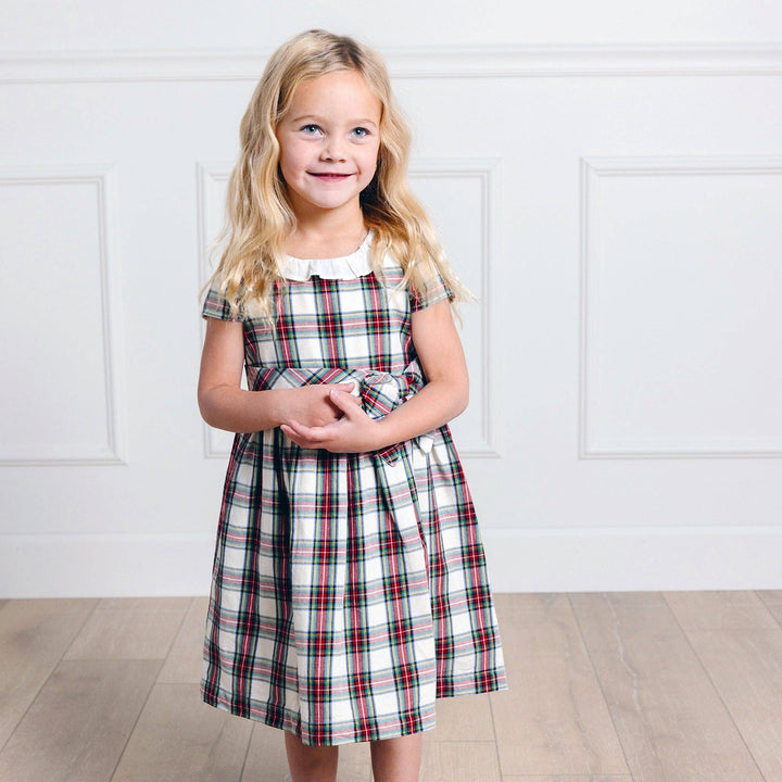 Ruffle Collar Party Dress - Ivory Holiday Tartan